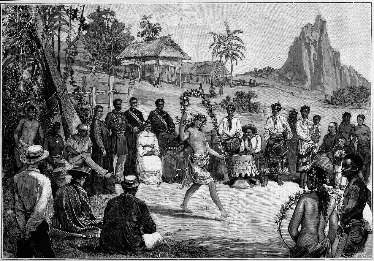 Tahiti: danze tahitiane a Papeete, davanti alla corte del re Pomare V da Unknown artist