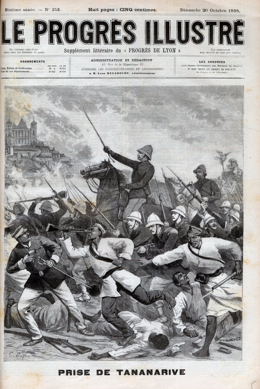 Presa di Antananarivo - I militari francesi invasero Antananarivo nel 1895 - Conquista del Madagascar - cattura di Tananarive da parte della forza di spedizione francese il 30 settembre 1895 - incisione in "Le Progres illustré" del 1895 da Unknown artist