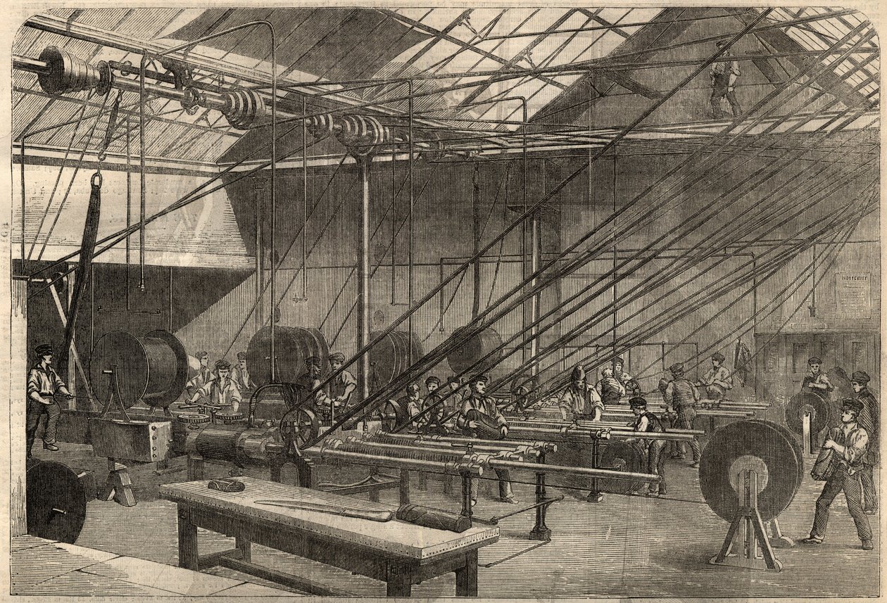 Telegrafia: fabbricazione del cavo transatlantico. Macchine che rivestono il cavo di gutta-percha nella fabbrica Glass, Elliot and Company su Wharf Road a Londra, Inghilterra. Incisione in "The Illustrated London News" del 14 marzo da Unknown artist