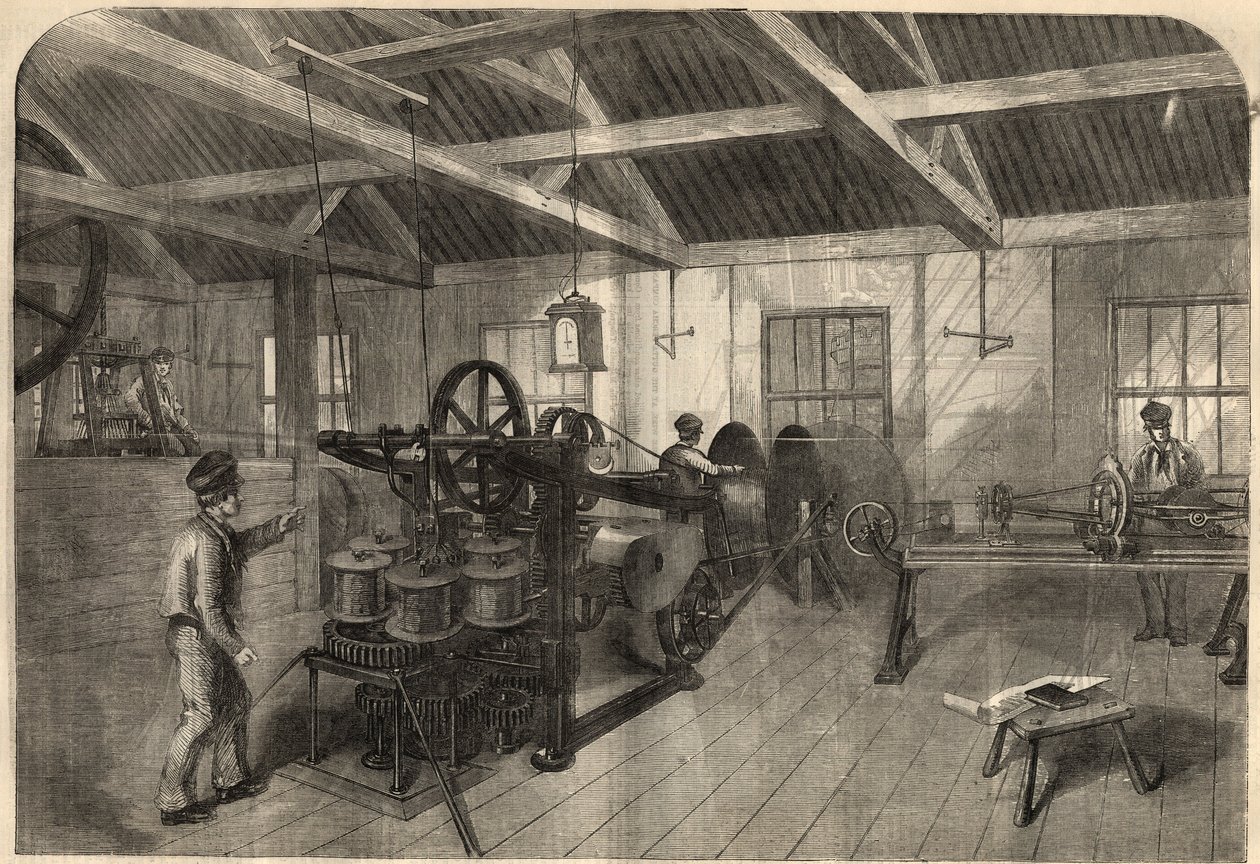 Telegrafia: fabbricazione del cavo transatlantico nello stabilimento Glass, Elliot and Company a East Greenwich (Inghilterra). Incisione in "The Illustrated London News" del 14 marzo da Unknown artist