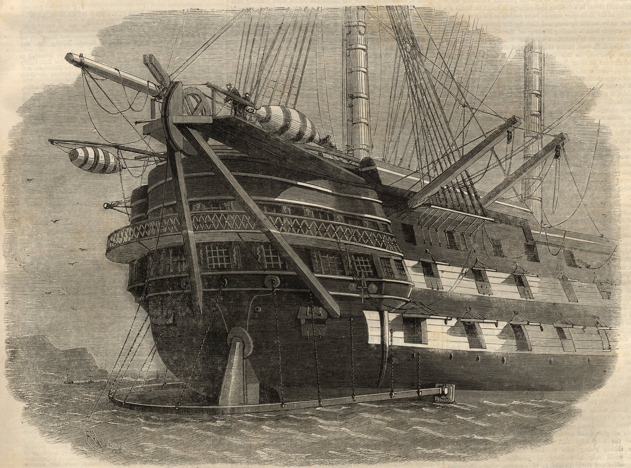 Telegrafia: vista della poppa della nave H.M.S. "Agamemnon" che poserà il primo cavo transatlantico. Incisione in "The Illustrated London News" del 5 giugno da Unknown artist