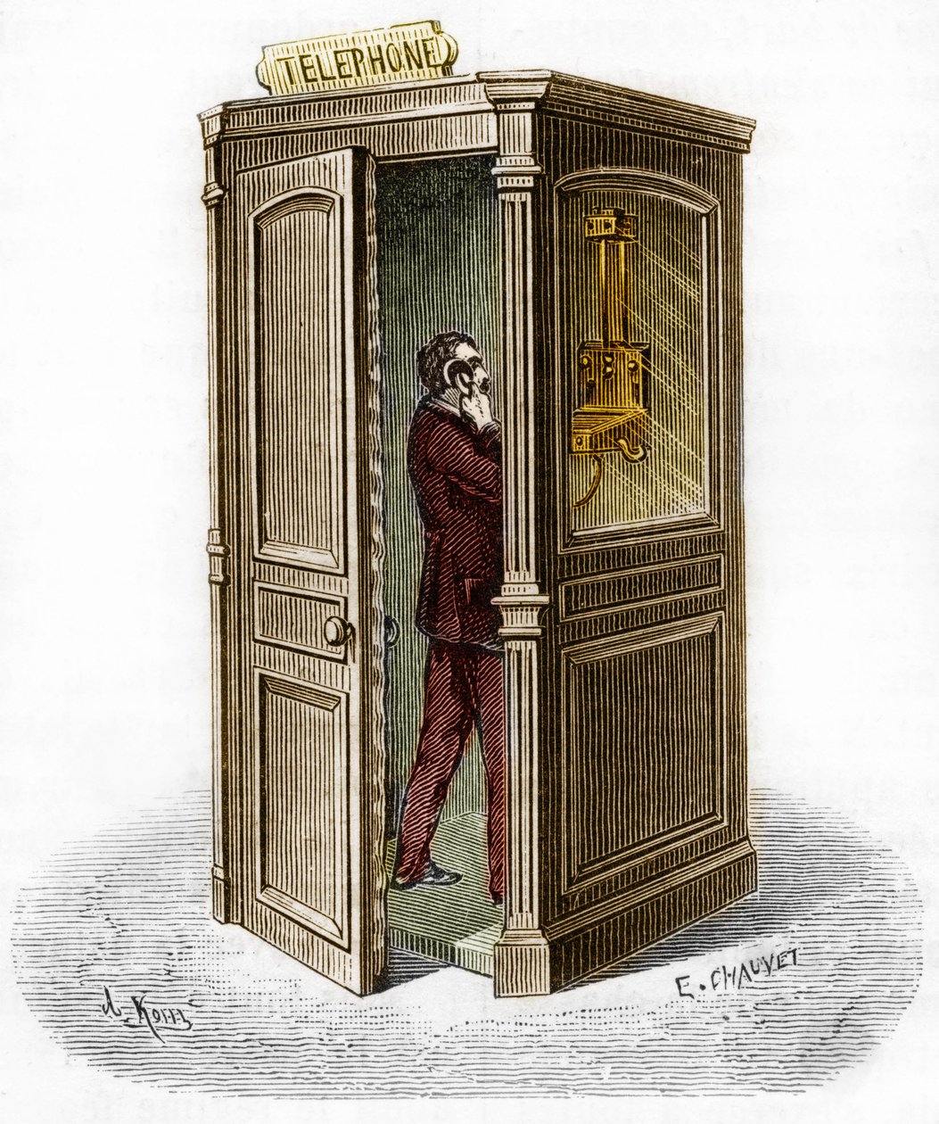 Cabina telefonica nel 1888. Incisione in "Il Giornale della Gioventù" da Unknown artist