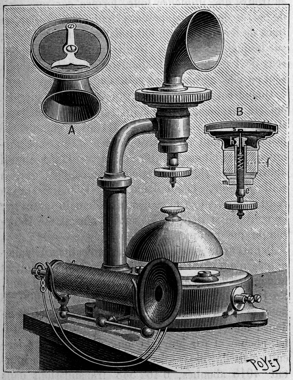 Telefono in Svezia: modello di un telefono della Ericsson Company. Incisione in "La Nature: revue des sciences et de leurs applications aux arts et a l