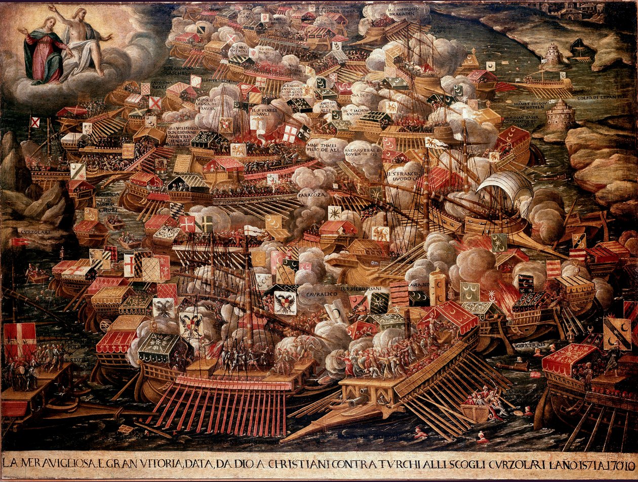 La Battaglia di Lepanto al largo della Grecia oppose le forze spagnole, veneziane e papali agli ottomani nel 1571. Dipinto anonimo. XVI secolo. Venezia, Museo Correr da Unknown artist