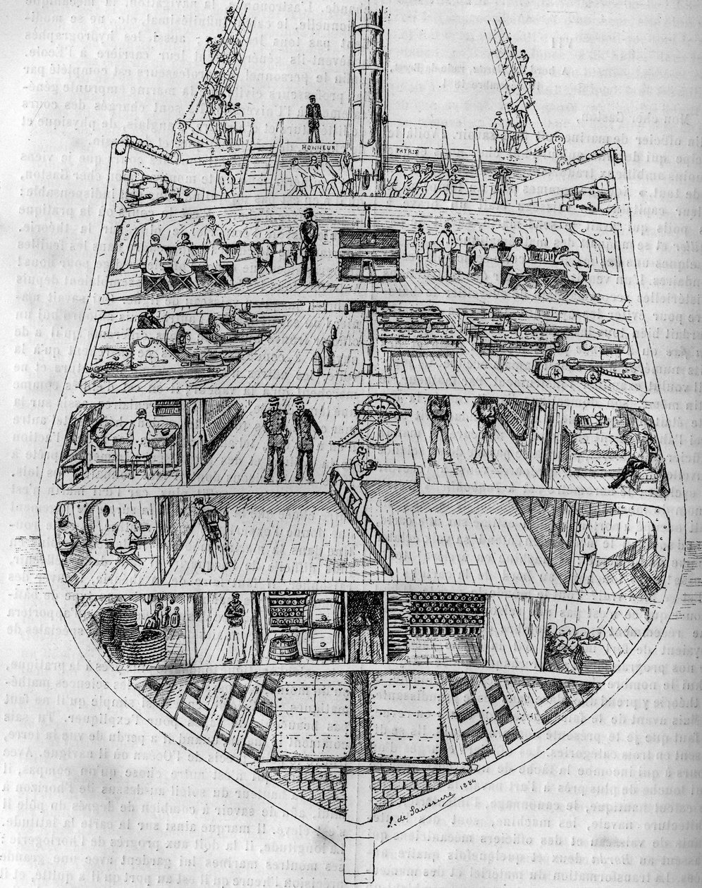La "Borda": sezione trasversale della nave. Disegno di M. L. de Saussure. Incisione in "Le journal de la jeunesse" da Unknown artist