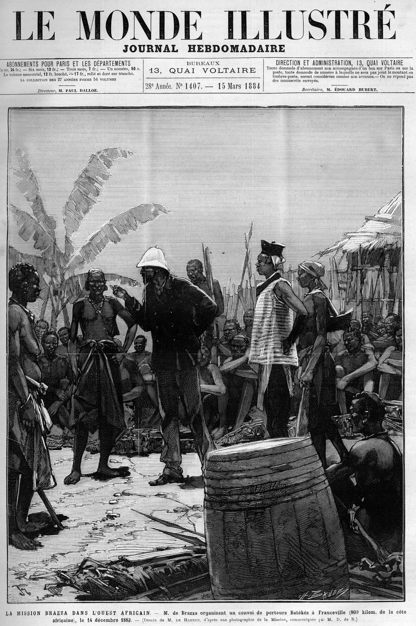 Missione Brazza in Africa occidentale: Pietro Paolo Savorgnan di Brazza o Pierre Paul Francois Camille Savorgnan de Brazza (1852-1905) organizza un convoglio di portatori Batekes a Franceville (Gabon) il 14 dicembre da Unknown artist