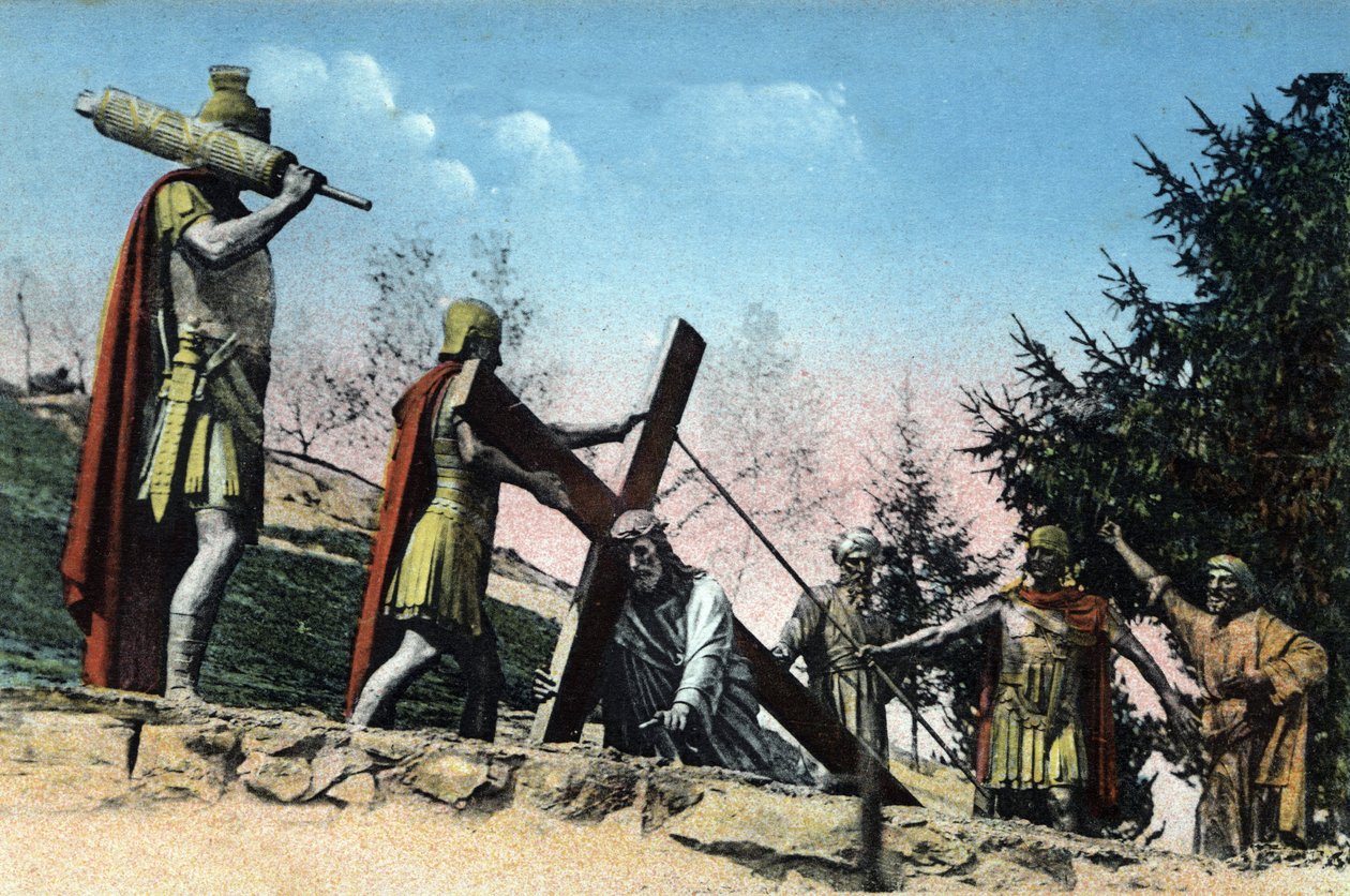 Il Calvario di Lourdes (Via Crucis) (portare la Croce): III stazione - Gesù cade sotto il peso della sua Croce. da Unknown Artist