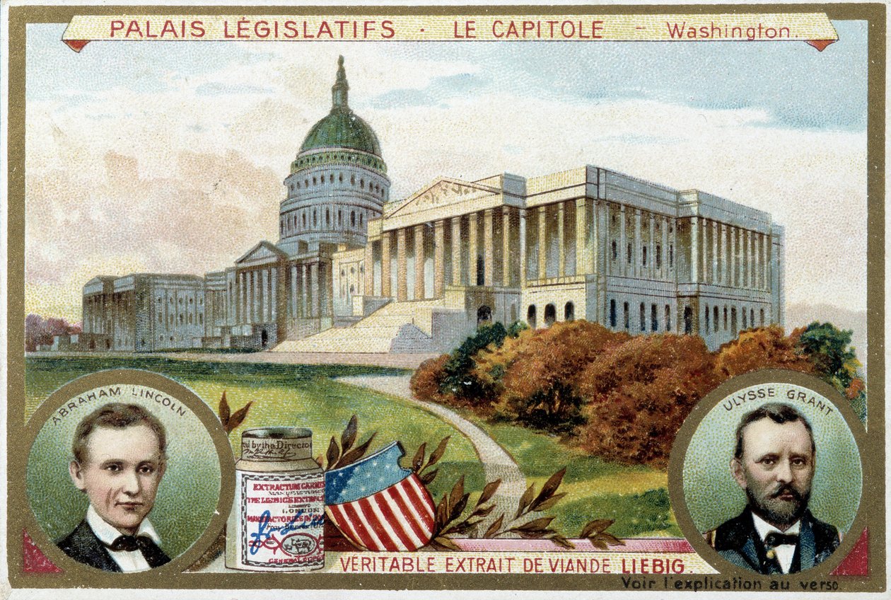 Il Campidoglio, Palazzo del Congresso Americano, Washington (USA), con ritratti di Abraham Lincoln (1809-1865) e Ulysses Grant (1822-1885) - Cromolitografia Liebig da Unknown artist