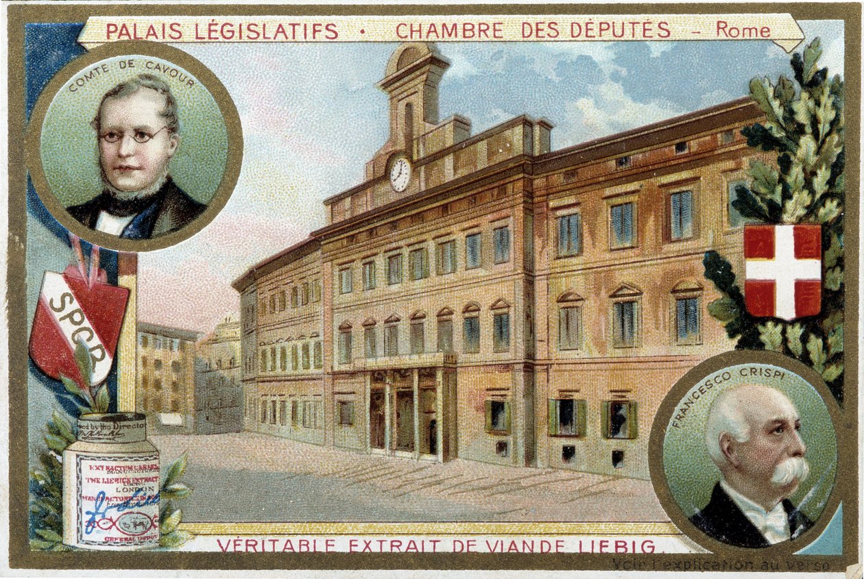 La Camera dei Deputati a Roma (Italia), con ritratti del Conte Camillo Benso di Cavour e Francesco Crispi - cromolitografia Liebig da Unknown artist