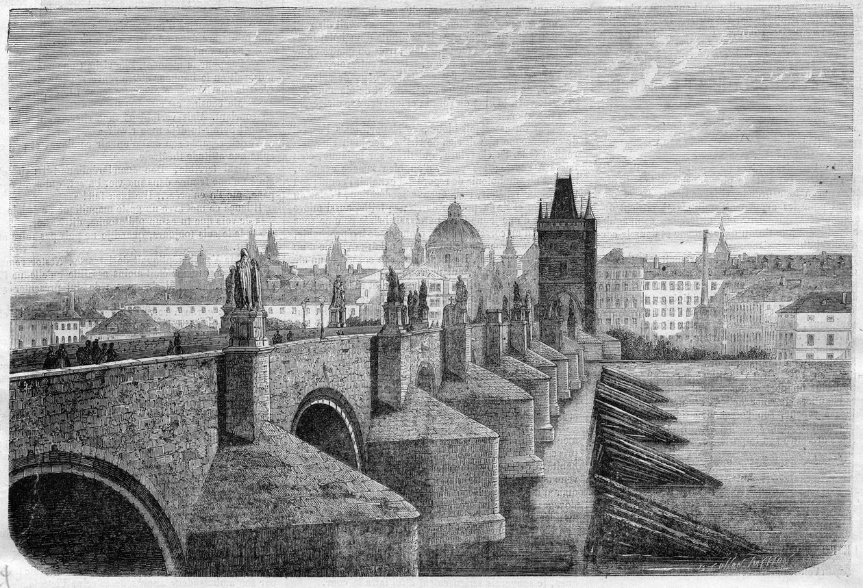 Il Ponte Carlo a Praga - Incisione in "The Illustrated Journal" da Unknown artist
