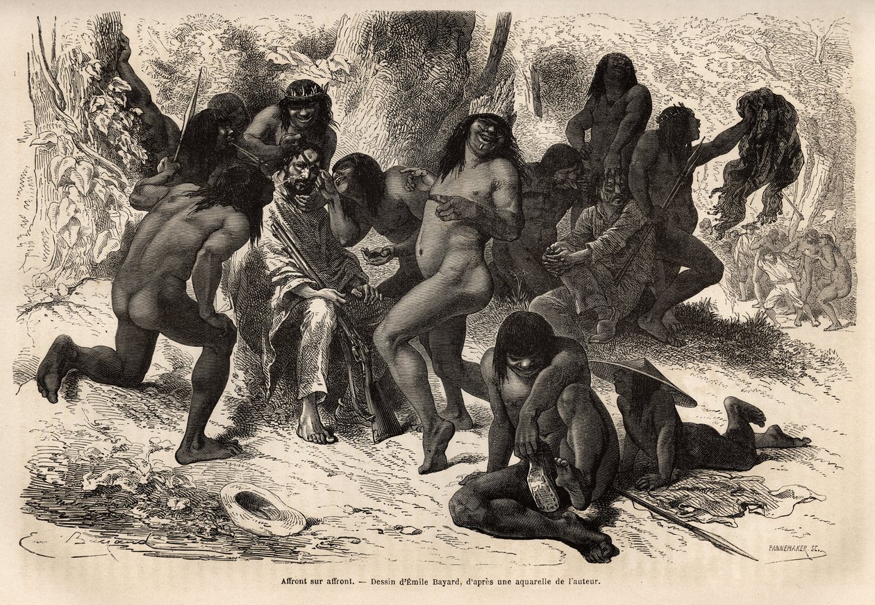 Gli indiani Chunchos assaltano la squadra di Marcoy, nella valle di Caravaya (cordigliera delle Ande), ma questi non avevano nulla da rubare, gli indiani si divertivano a spogliare gli esploratori e a truccarli con semi di rockoo. Incisione per illustrare  da Unknown artist