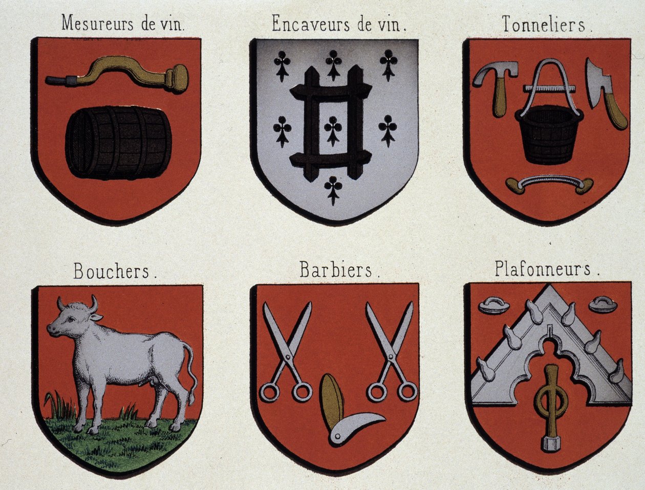 Gli stemmi di Gand (Specimen di stemmi del Medioevo): Misuratori di vino, Cavatori di vino, Bottai, Macellai, Barbieri, Ceilers da Unknown artist