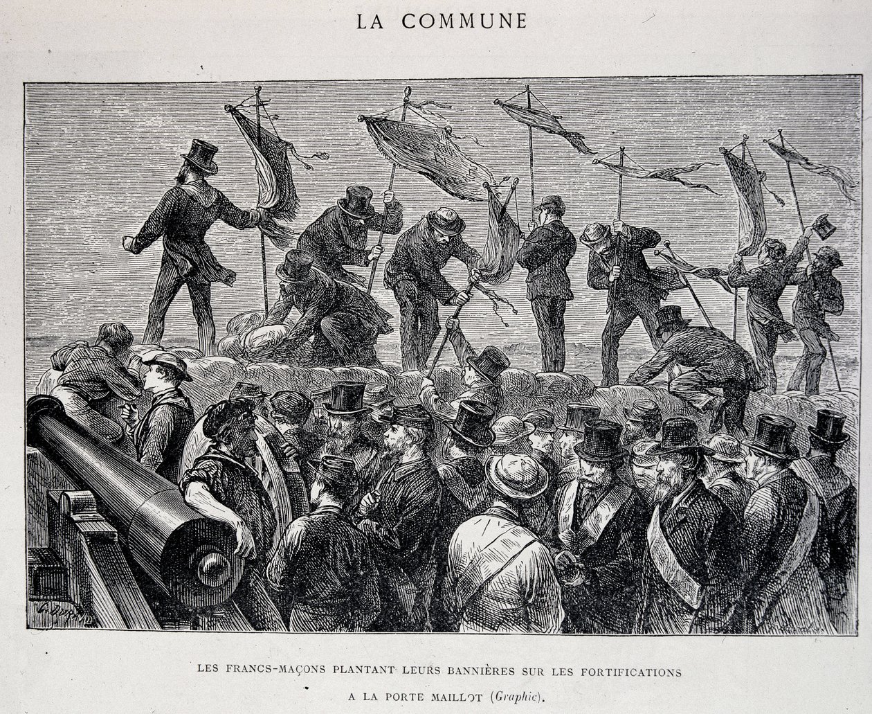 La Comune: Massoni che piantano le loro bandiere sulle fortificazioni a Porte Maillot (1871) - incisione da Unknown artist