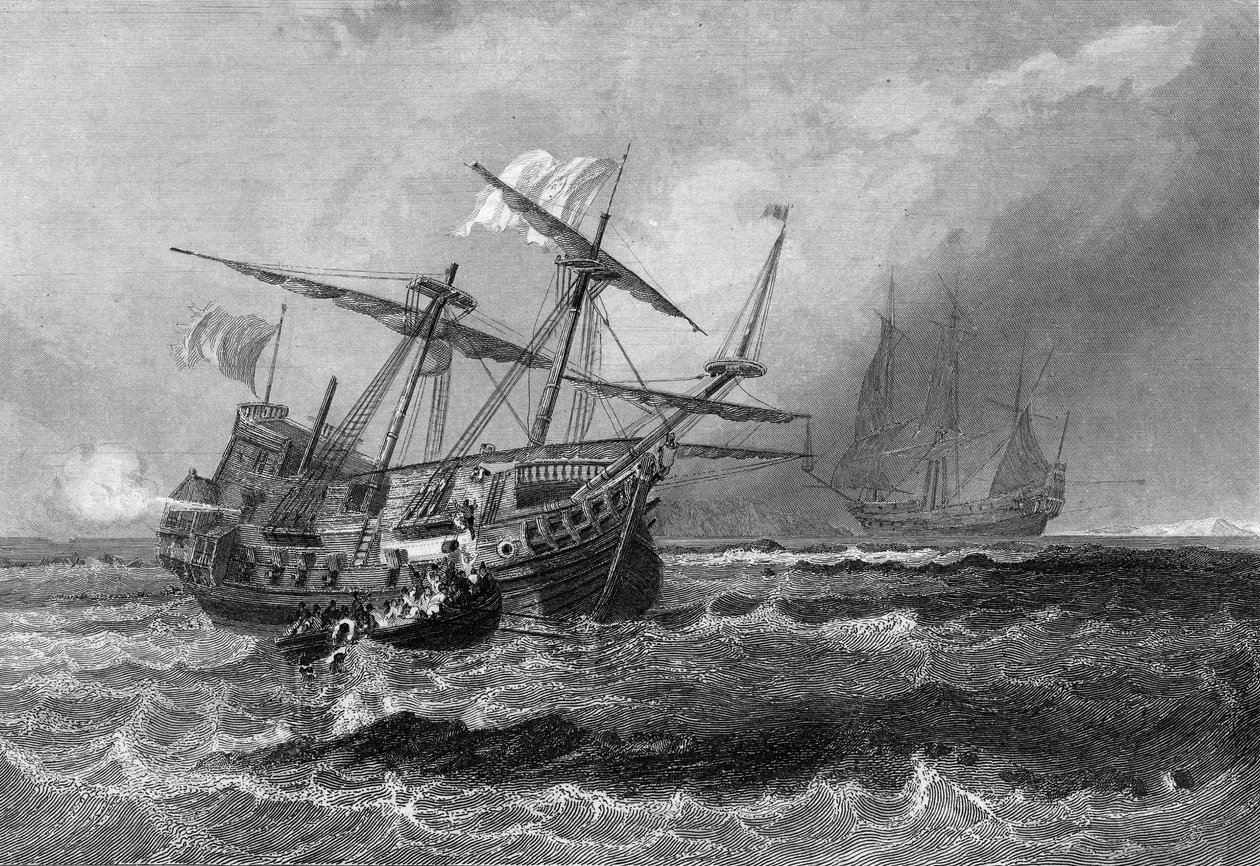 Il Corbin perso sulla barriera corallina nelle Isole Maldive il 1 luglio 1602. In "Storia generale della marina" di Van Tenac da Unknown artist