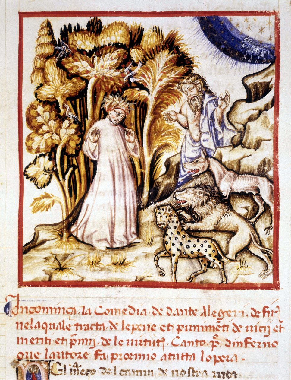 La Divina Commedia di Dante Alighieri. Miniatura che raffigura Dante, Virgilio e le tre fiere. Manoscritto del XIV secolo. Bibl. Comunale di Rimini da Unknown artist