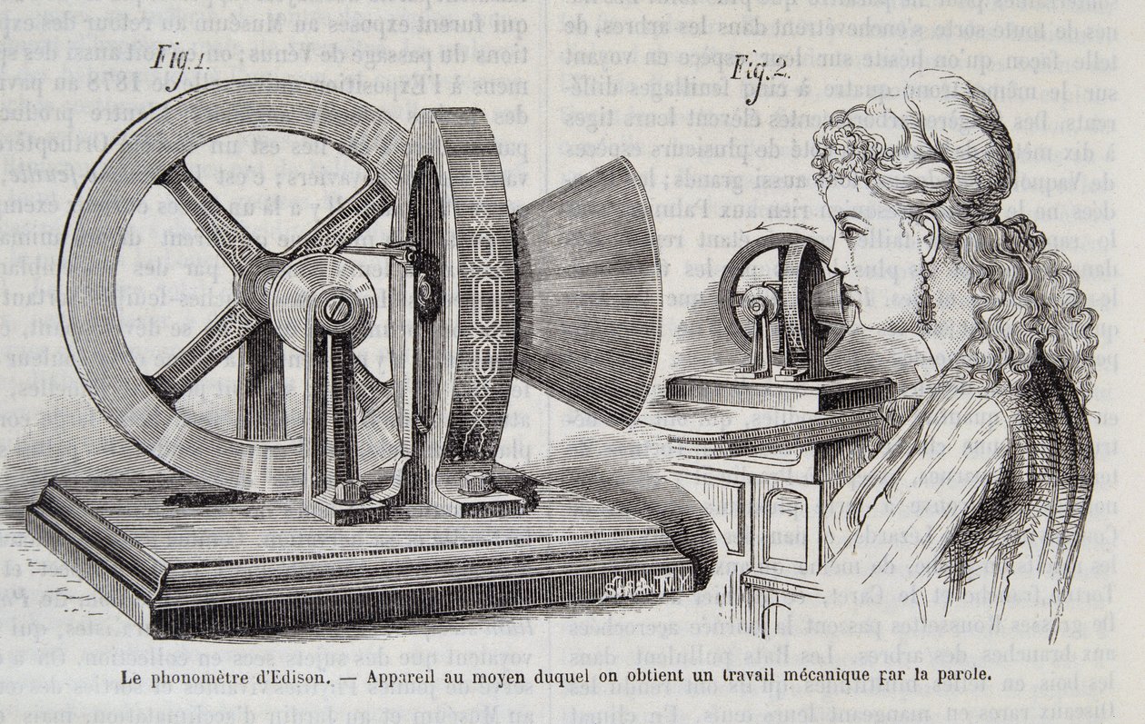 Il fonometro di Edison - dispositivo mediante il quale si ottiene un lavoro meccanico tramite la voce in "Natura" 1878. da Unknown artist