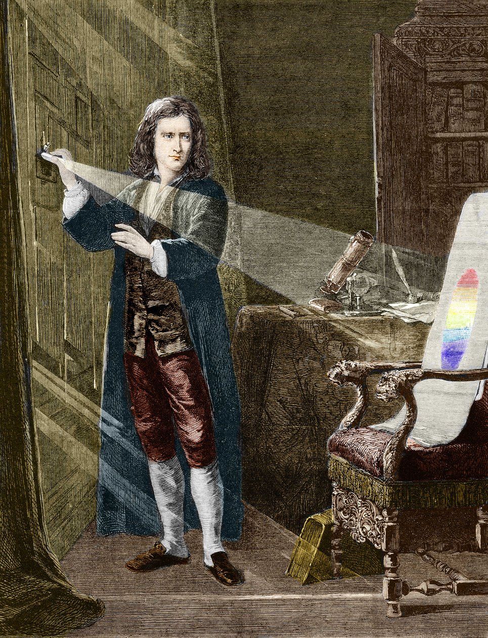 Il fisico inglese Isaac Newton (1642-1727) che scompone la luce con un prisma di vetro. Incisione del 1880 da Unknown artist