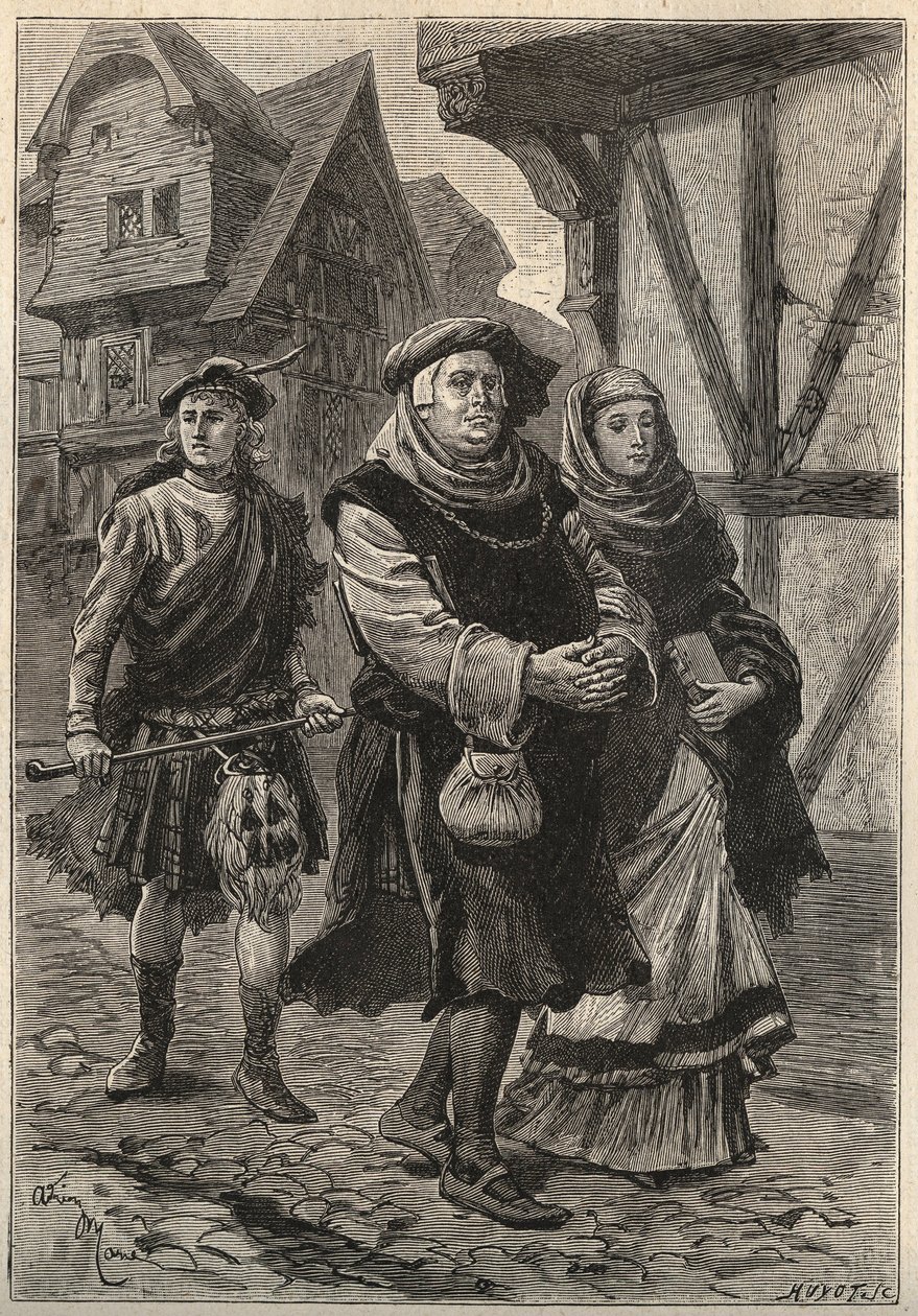 Il Gartier (Il Guantaio) accompagna sua figlia alla chiesa - illustrazione del XIX secolo per il romanzo storico "La Bella Ragazza di Perth o il Giorno di San Valentino (o La Bella Fanciulla di Perth)" da Unknown artist