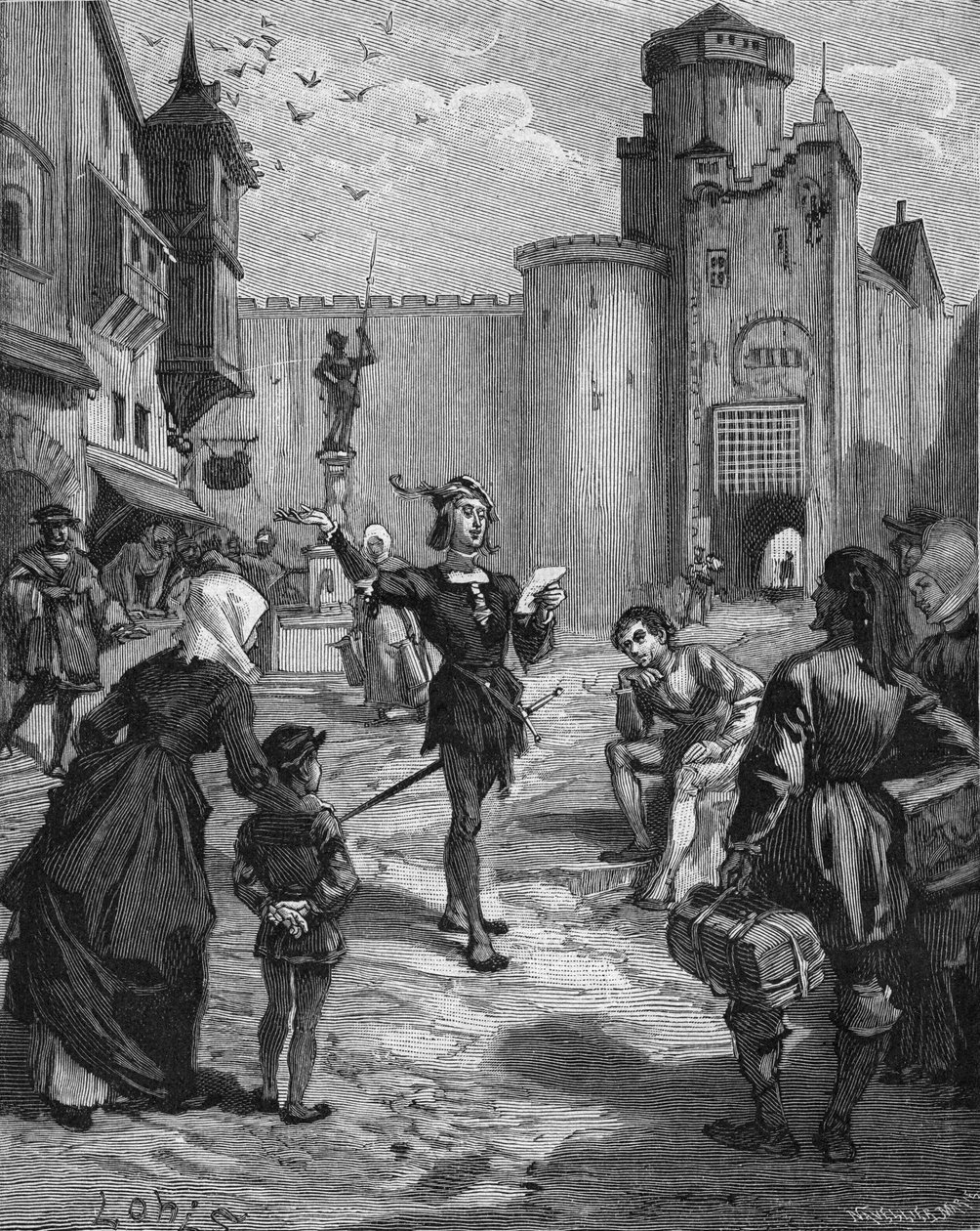 Il cavaliere tedesco, poeta e umanista Ulrich von Hutten (1488-1523) declama una delle sue poesie per strada. Incisione del XIX secolo. In 