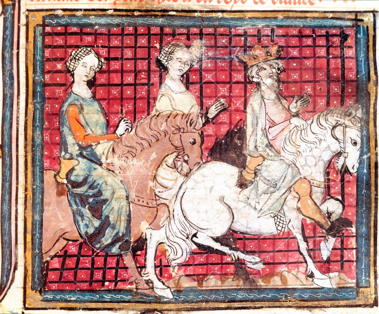 Il re dei Franchi Chilperico I (543-597) e Fredegonda a cavallo. Miniatura tratta da 
