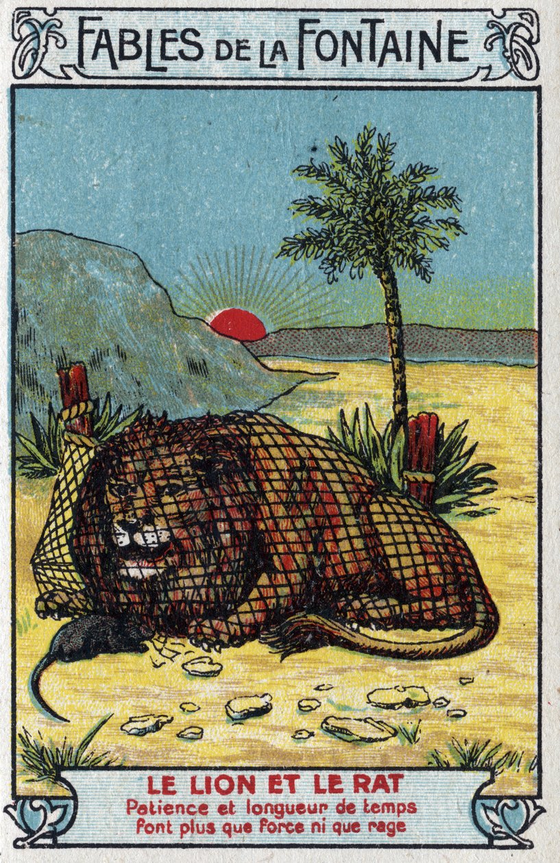 Il leone e il topo - Favole di Jean de La Fontaine (1621-95) - Cromolitografia della fine del XIX secolo Collezione Privata da Unknown artist