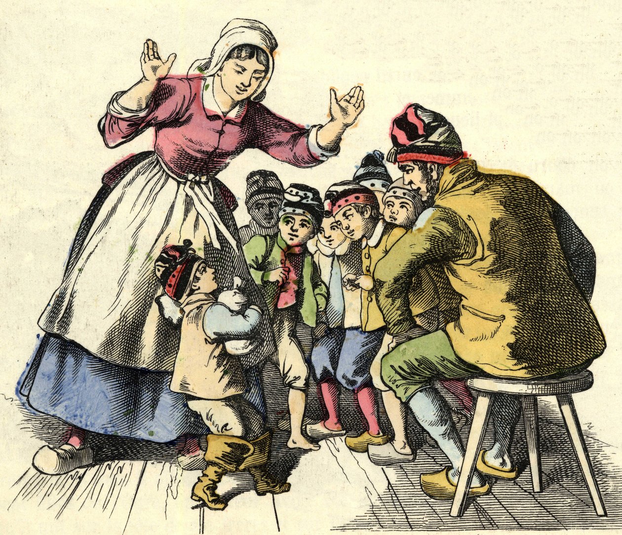 Il Piccolo Pollicino e i suoi fratelli tornano a casa dai loro genitori. Illustrazione della fiaba "Il Piccolo Pollicino" di Charles Perrault da Unknown artist