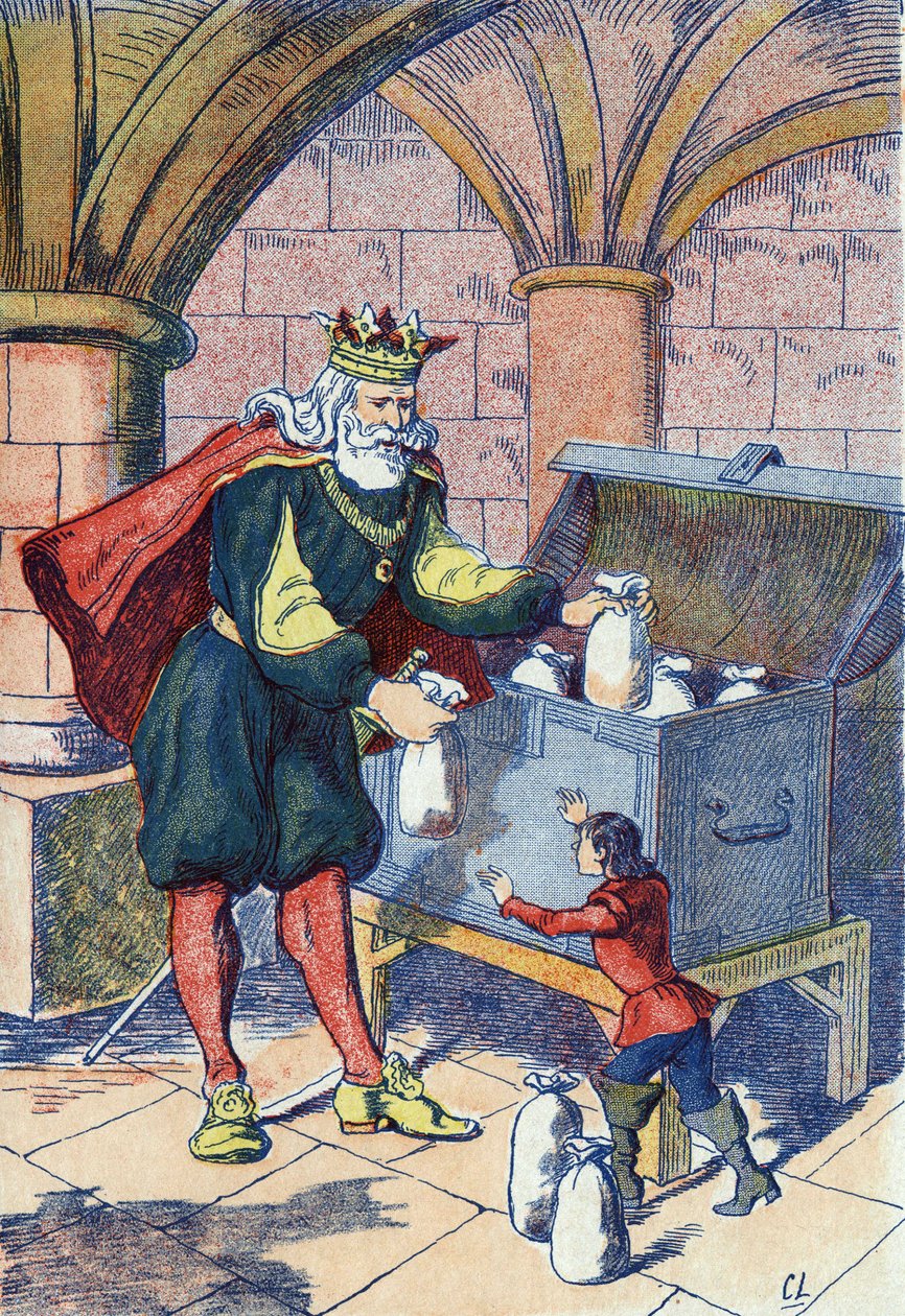 Il piccolo Pollicino ricompensato dal Re. Illustrazione per "Le Petit Poucet" di Charles Perrault (1628-1703), scrittore francese. Illustrazione anonima. Immagini di Marcel Vagne, Jarville Nancy, senza data (fine XIX secolo) da Unknown artist