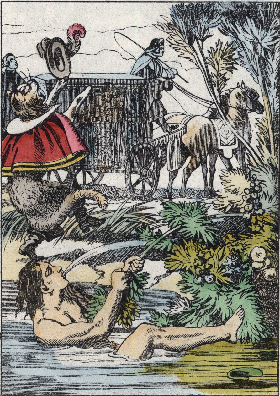 Il Marchese di Carabas finge di annegare mentre il gatto con gli stivali chiama aiuto. Illustrazione della fiaba "Il gatto con gli stivali" di Charles Perrault da Unknown artist