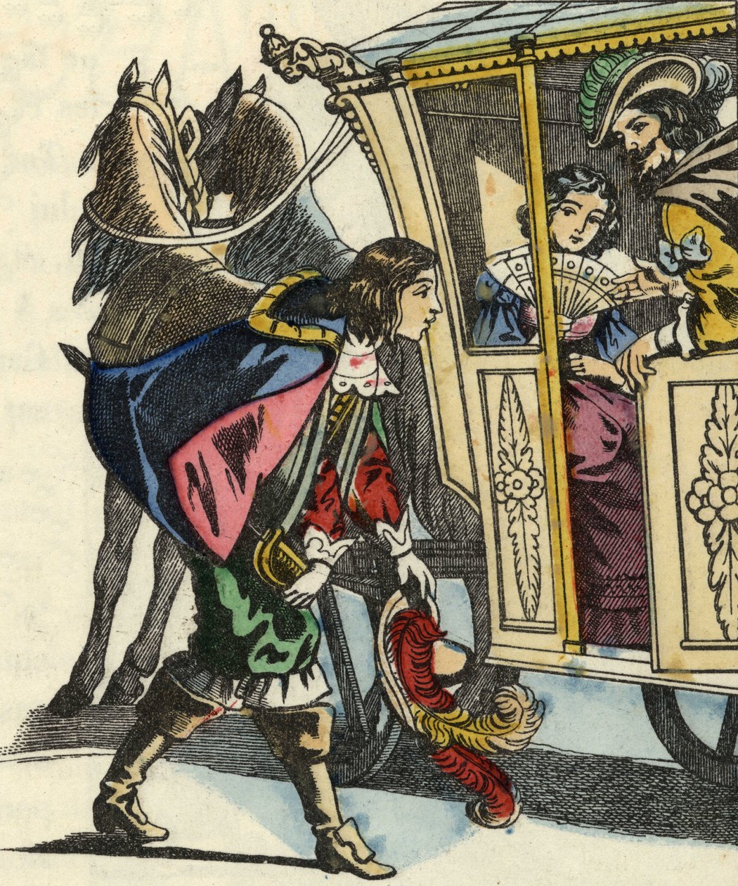 Il Marchese di Carabas saluta il re e la principessa nella loro carrozza. Illustrazione della fiaba "Il gatto con gli stivali" di Charles Perrault da Unknown artist