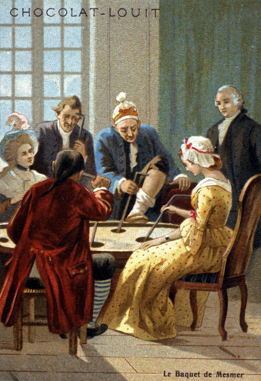 Il secchio di Mesmer (Frederic Antoine Mesmer - Franz Anton Mesmer). Esperienza di Mesmer (1734 - 1815), un medico tedesco che affermava di aver scoperto il "magnetismo animale". Cromolitografia del XIX secolo. da Unknown artist