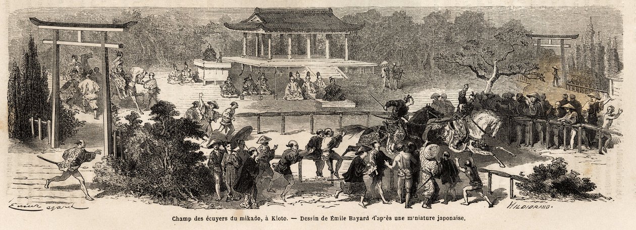 Il Mikado (Imperatore del Giappone) scudiero nel campo a Kioto (o Kyoto), pista di addestramento per i cavalli imperiali. Incisione per illustrare il viaggio in Giappone, nel 1863-1864, di Aime Humbert, ministro della Confederazione Svizzera, in "Le tour d da Unknown artist