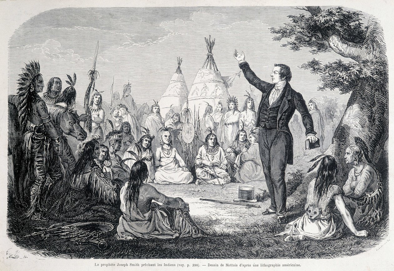 Il profeta mormone Joseph Smith che predica agli indiani (Nord America). Illustrazione del XIX secolo da Unknown artist