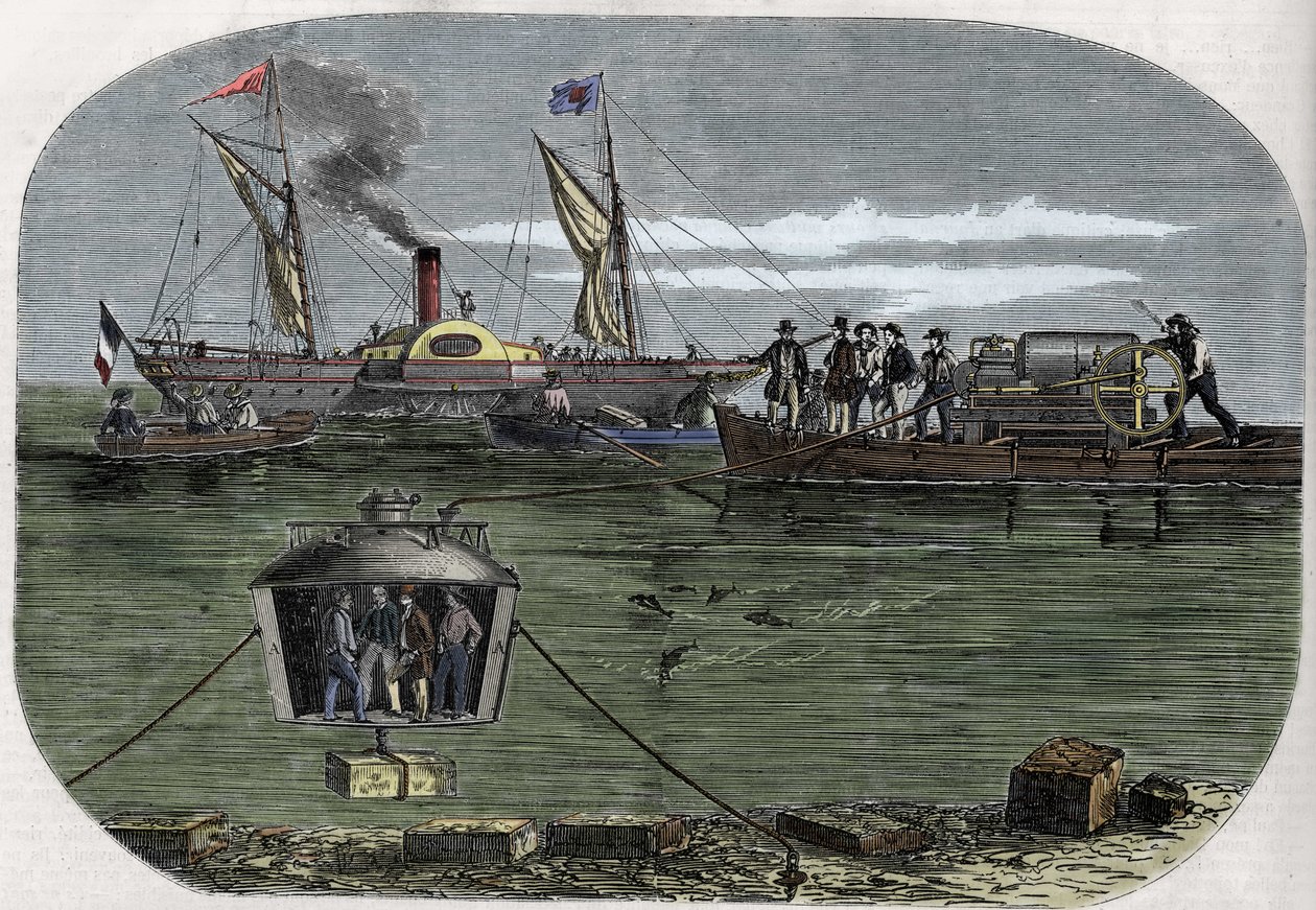 La campana da sub "Nautilus" del Dr. Antoine Prosper Payerne sperimentata nella Senna, Parigi, e poi perfezionata negli Stati Uniti. Incisione (1858) in "Le Monde illustré" da Unknown artist