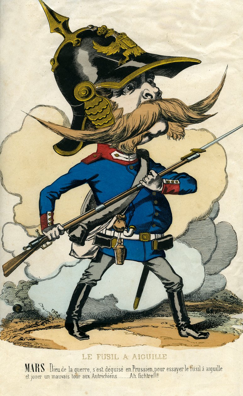 Il fucile ad ago - Ritratto di Otto Von Bismarck (1815-1898) Cancelliere di Prussia - Marte, dio della guerra, travestito da prussiano per provare il fucile ad ago e giocare un brutto scherzo agli austriaci... Caricatura da Unknown artist