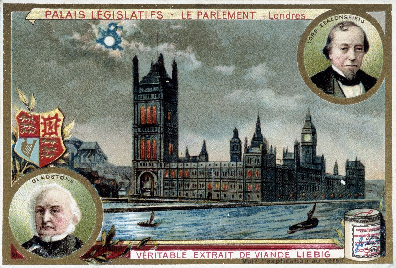 Il Palazzo di Westminster, o Parlamento di Londra (Inghilterra), con ritratti di William Ewart Gladstone (1809-1898) e Benjamin Disraeli, Lord Beaconsfield (1804-1881) - cromolitografia Liebig da Unknown artist