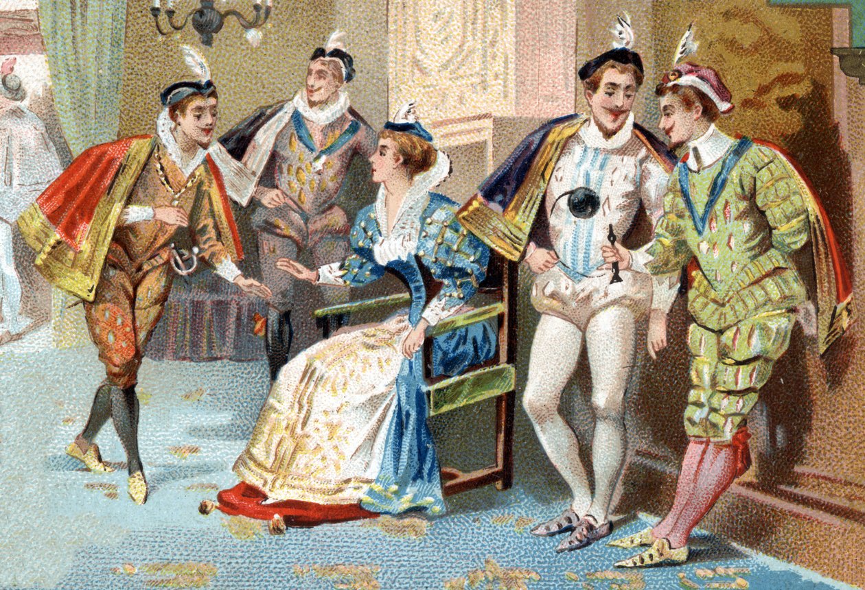 Il Palais du Louvre sotto il regno di Enrico III (XVI secolo): giovani uomini della Corte del Re. Cromolitografia della fine del XIX secolo da Unknown artist