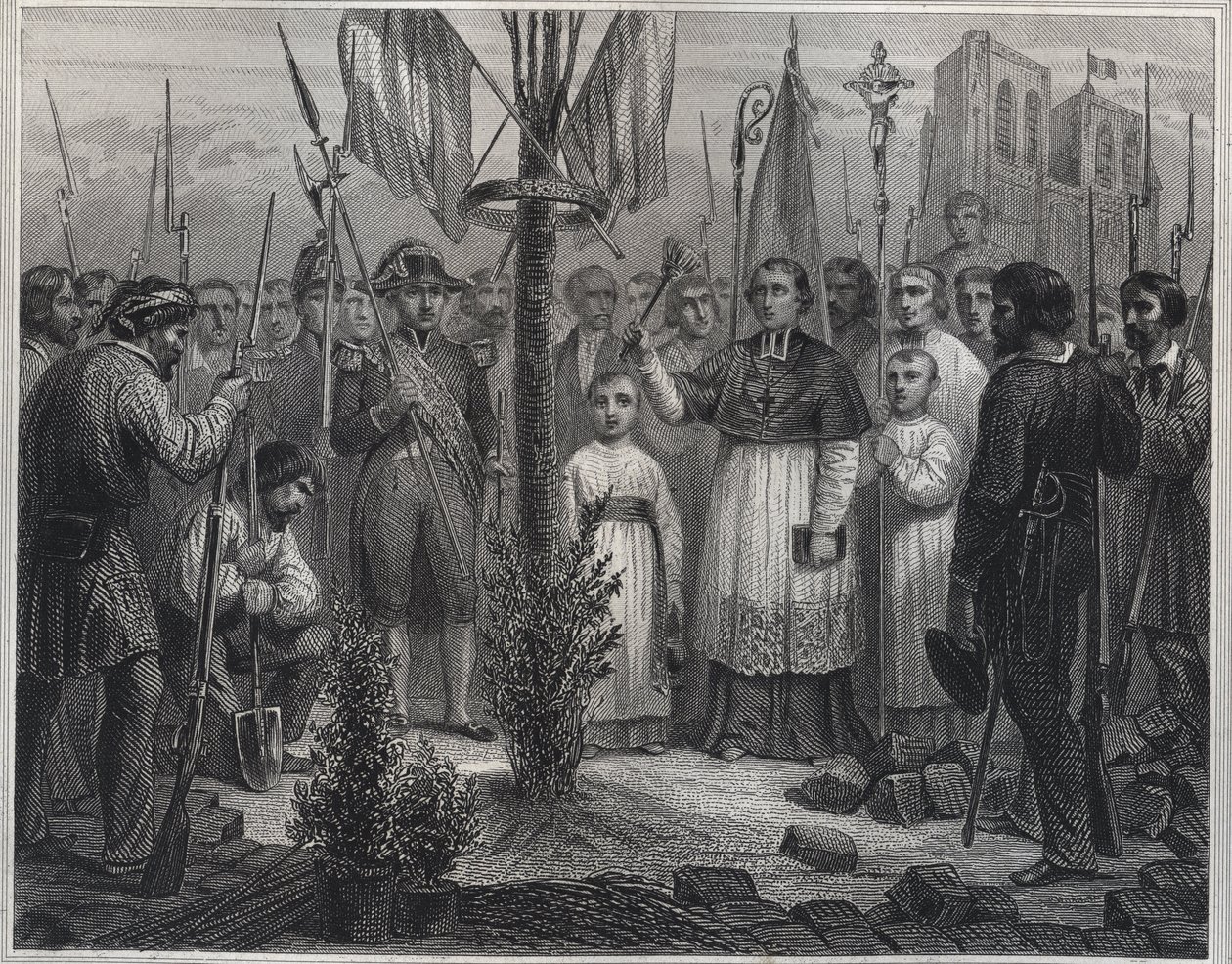 La Piantagione di un Albero della Libertà durante la Rivoluzione (Albero della Libertà) - Piantagione di un albero della Libertà (pioppo) in Francia durante la rivoluzione francese - Incisione in "Les Fastes populaires, ou Histoire des actes heroiques du p da Unknown artist