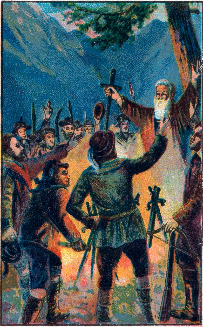 Il giuramento del Rutli - giuramento leggendario della Vecchia Confederazione Svizzera - I tre confederati svizzeri giurano fedeltà a Ruetli - Patto del Grutli, mito fondativo della Svizzera nel 1307. Cromolitografia della fine del XIX secolo da Unknown artist