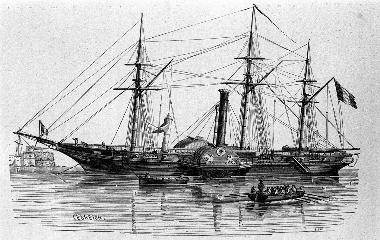 La Sfinge, il primo piroscafo della marina francese costruito nel 1830. Incisione del XIX secolo da Unknown artist