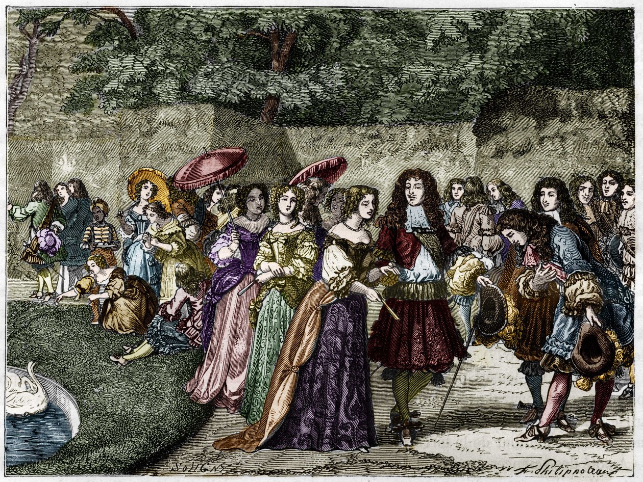 Il Re Sole (Luigi XIV nei giardini di Versailles circondato dalla sua corte). Incisione del XIX secolo da Unknown artist