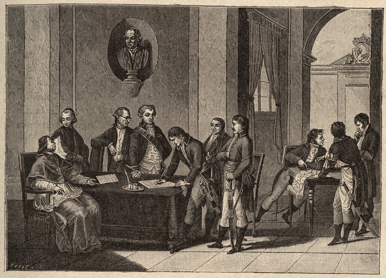 Trattato di Tolentino o Pace di Tolentino, firmato il 19 febbraio 1797 a Tolentino, Italia, tra Francia e Stati Pontifici. (Tra il Generale Bonaparte e Papa Pio VI). Il Papa rinuncia ad Avignone da Unknown artist