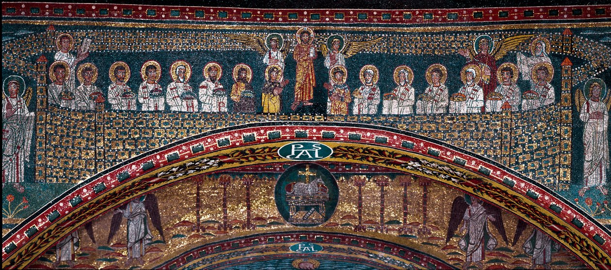 La visione della Gerusalemme celeste: Gli eletti sono accolti dagli angeli. Sotto, l