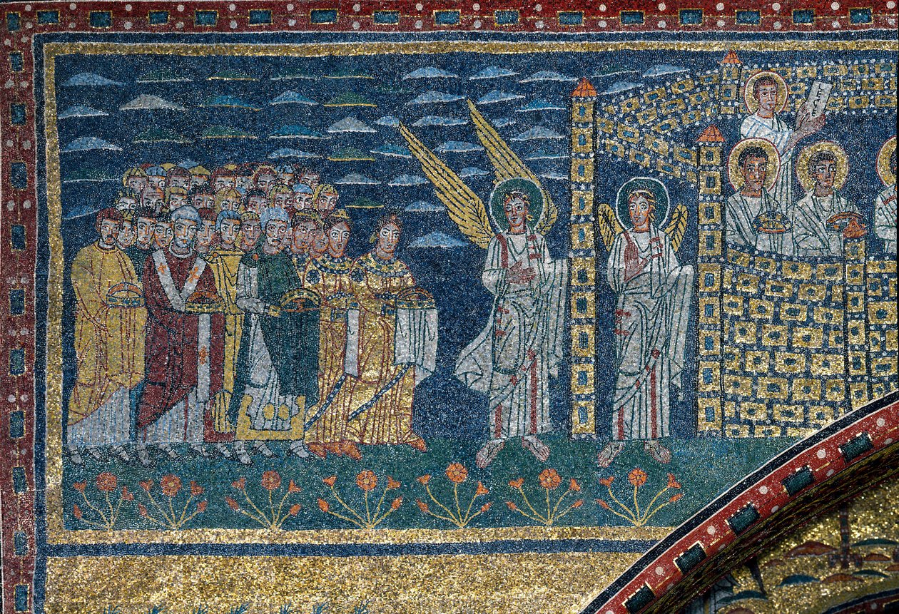 La visione della Gerusalemme celeste: Gli eletti si dirigono verso la città custodita dagli angeli. (dettaglio). Mosaico intorno all