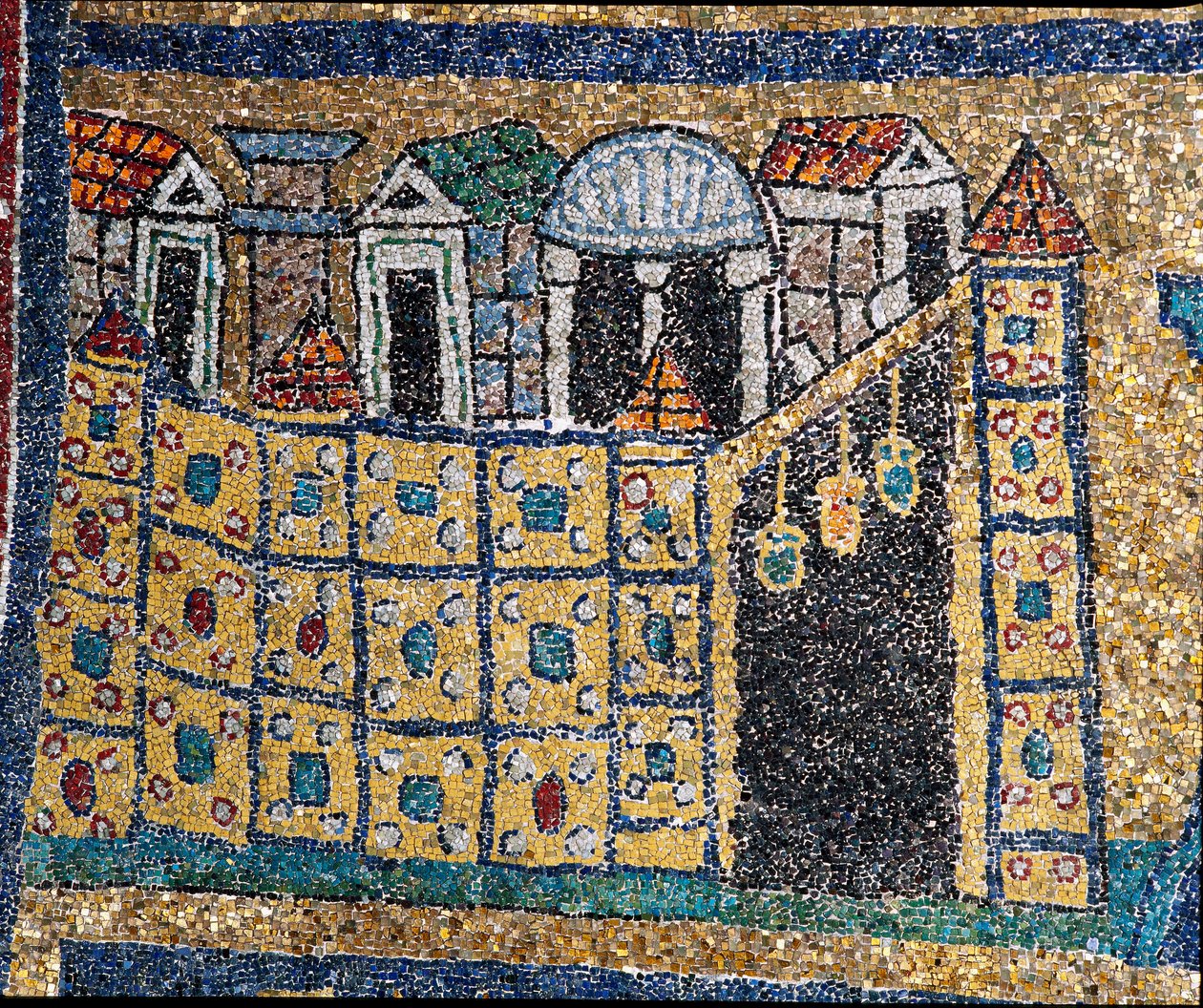 La visione della Gerusalemme celeste: (dettaglio) Gerusalemme rappresentata in una cittadella fortificata. Mosaico intorno all