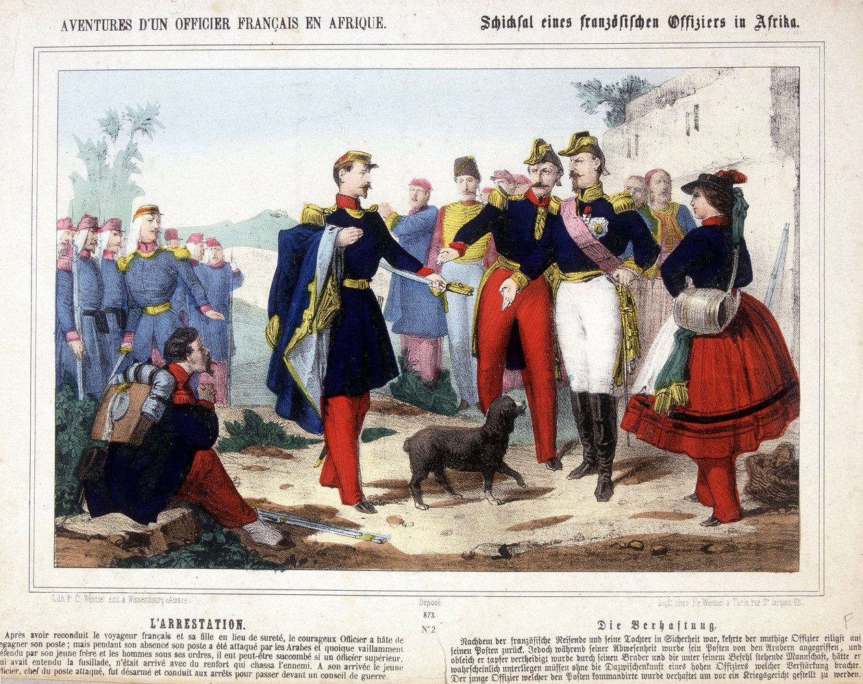 Le avventure di un ufficiale francese in Africa. Il giovane ufficiale, capo di un posto attaccato dagli arabi, fu disarmato e portato in arresto davanti a un consiglio di guerra. da Unknown artist