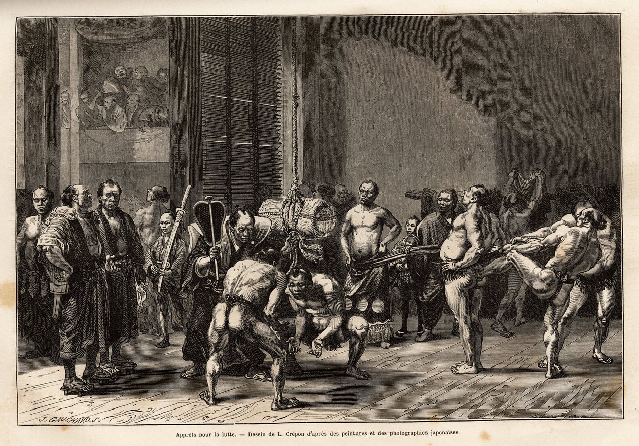 I preparativi per il sumo, gli atleti si riscaldano, si allungano, si pettinano e si concentrano prima di combattere. Incisione per illustrare il viaggio in Giappone, di Aime Humbert, ministro della Confederazione Svizzera, pubblicato in "Le tour du monde" da Unknown artist