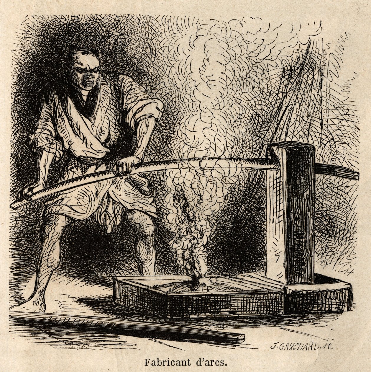 Il fabbricante di archi nella sua bottega, espone il legno alla fiamma di un fuoco di trucioli, per dare loro la piega necessaria alla loro curvatura. Incisione per illustrare il viaggio in Giappone, di Aime Humbert, ministro della Confederazione Svizzera, da Unknown artist