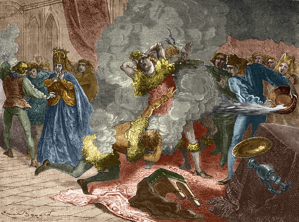 Il ballo degli ardenti o ballo dei selvaggi: in occasione del matrimonio di una dama di Isabeau (Isabella, Elisabetta) di Baviera il 28 gennaio 1393, il re si travestì e si incatenò ad altri quattro cortigiani. Suo fratello, il Duca di Orléans da Unknown artist