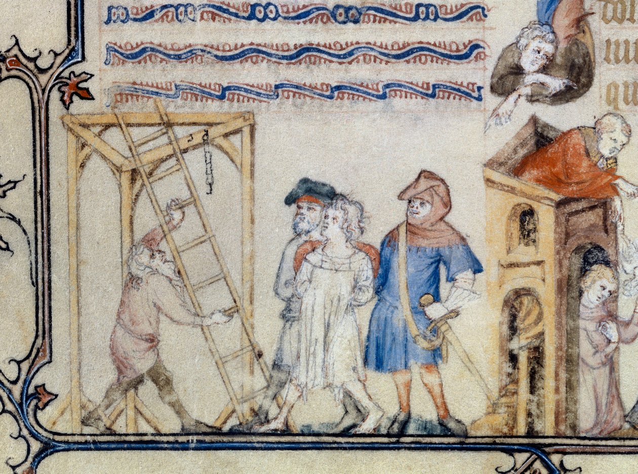 La ballata degli impiccati. Miniatura che illustra la poesia di François de Moncorbier detto Villon (1431/1432-1463). XV secolo (miniatura) da Unknown artist