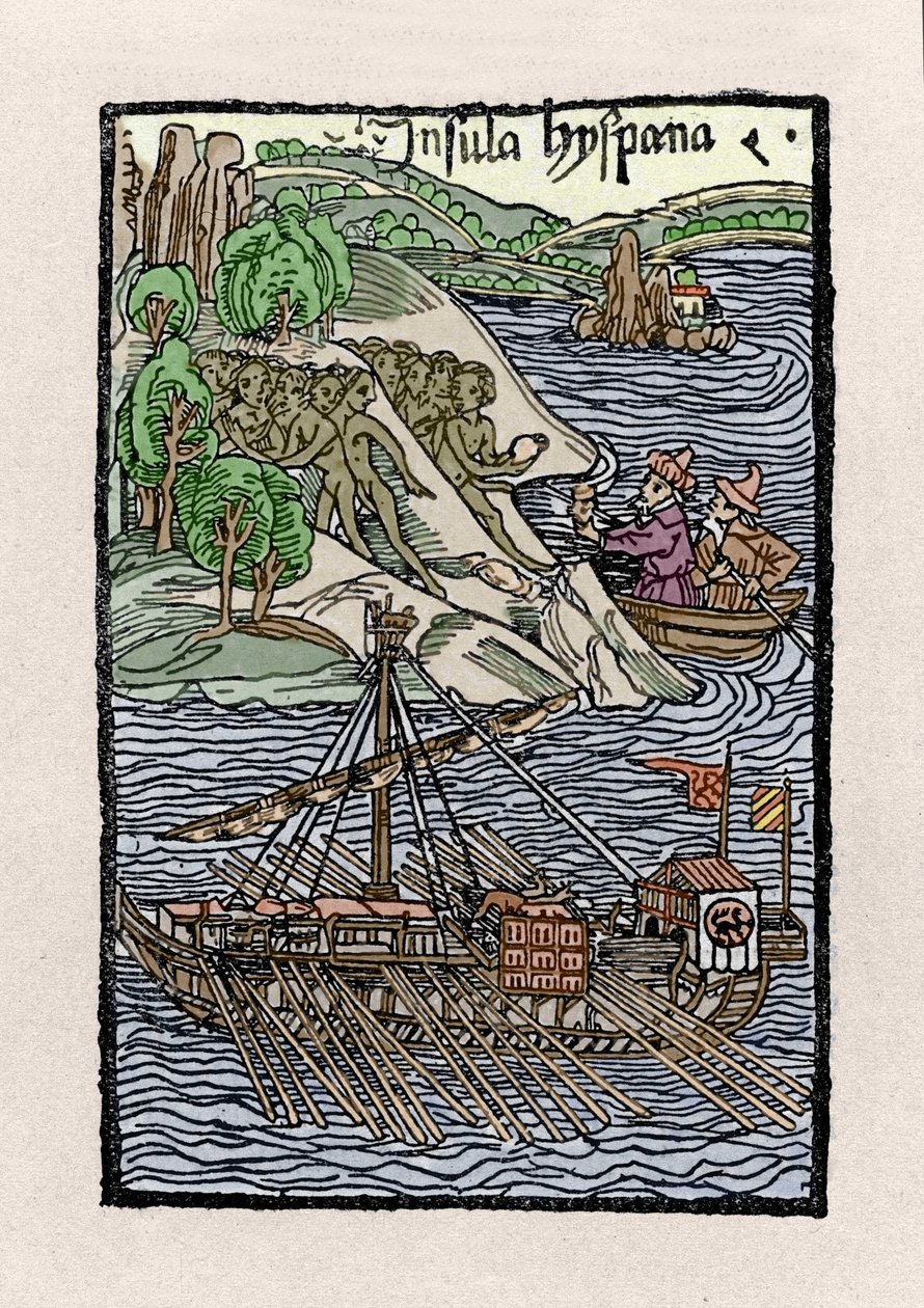 Lo sbarco a Hispaniola di Cristoforo Colombo (1451-1506). Incisione da "De insulis in mare Indico super inventis", Basilea 1493-1494 (traduzione latina del rapporto di Colombo al Re di Spagna) da Unknown artist